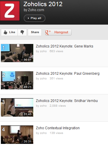 Video Playlist from Zoholics events 2012